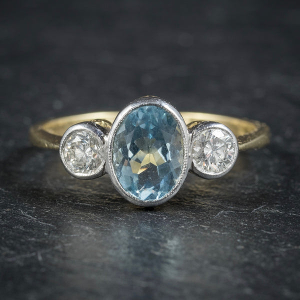 Antique Edwardian Aquamarine Trilogy Ring 18ct Gold Circa 1910 FRONT