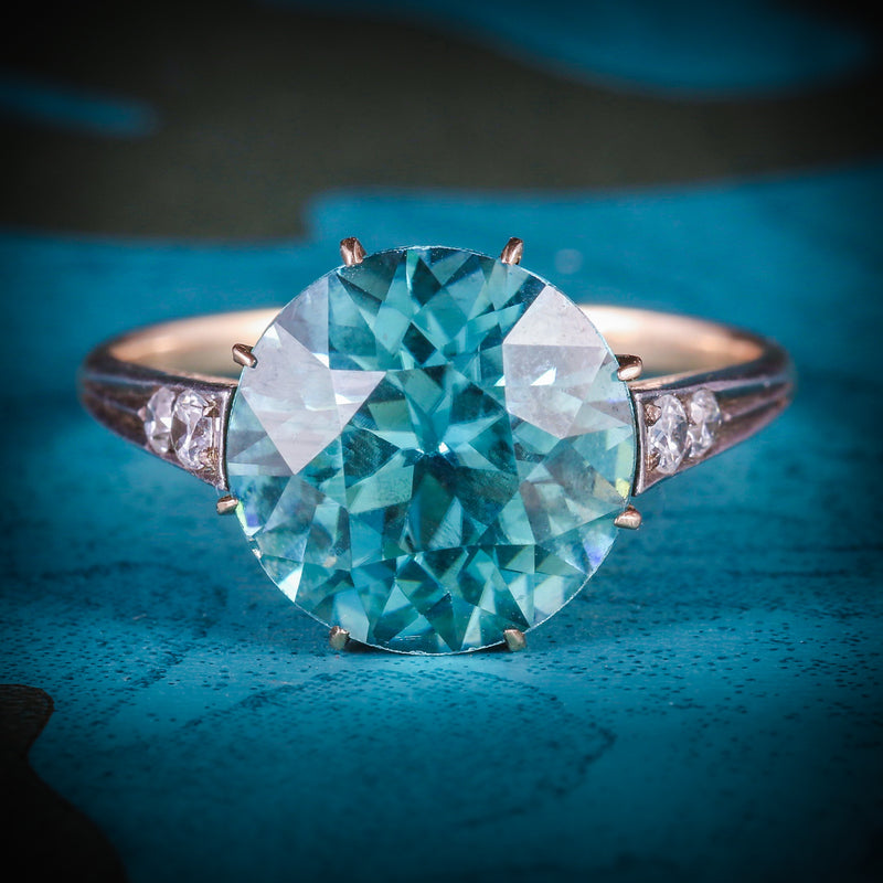 ANTIQUE EDWARDIAN BLUE ZIRCON DIAMOND RING 18CT GOLD 4.50CT BLUE ZIRCON COVER