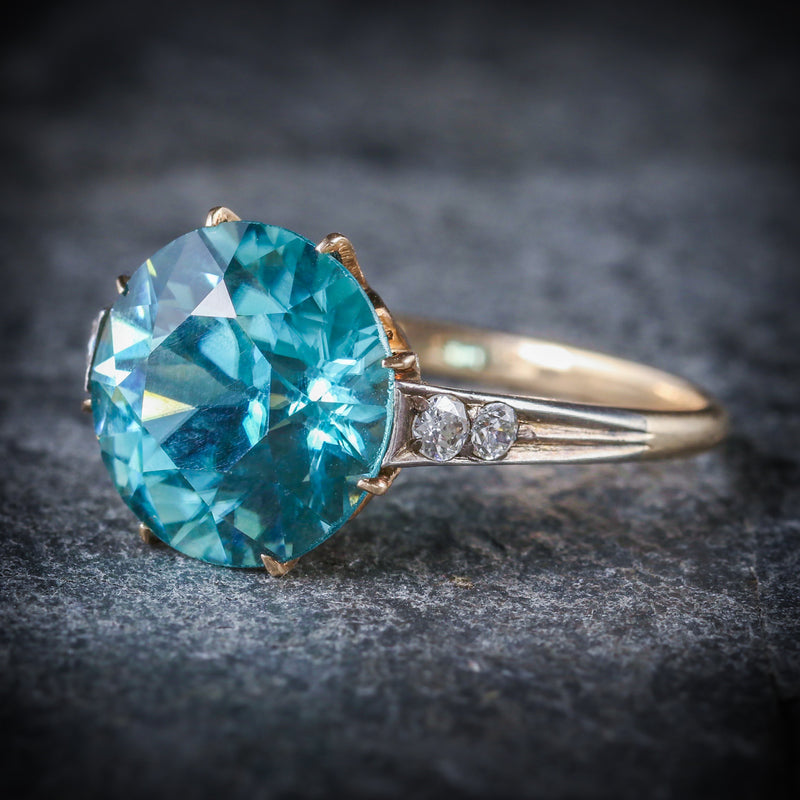 ANTIQUE EDWARDIAN BLUE ZIRCON DIAMOND RING 18CT GOLD 4.50CT BLUE ZIRCON SIDE