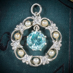 Antique Edwardian Blue Zircon Pendant Diamond Pearl Circa 1915 COVER