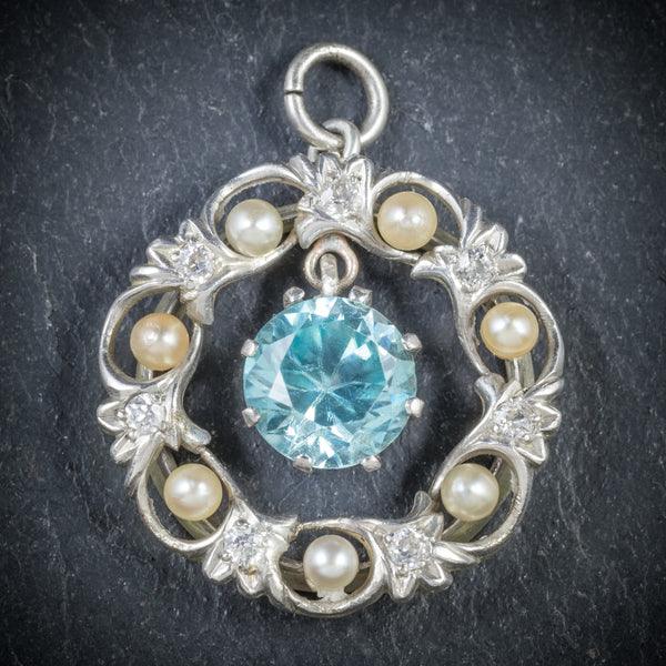 Antique Edwardian Blue Zircon Pendant Diamond Pearl Circa 1915 FRONT