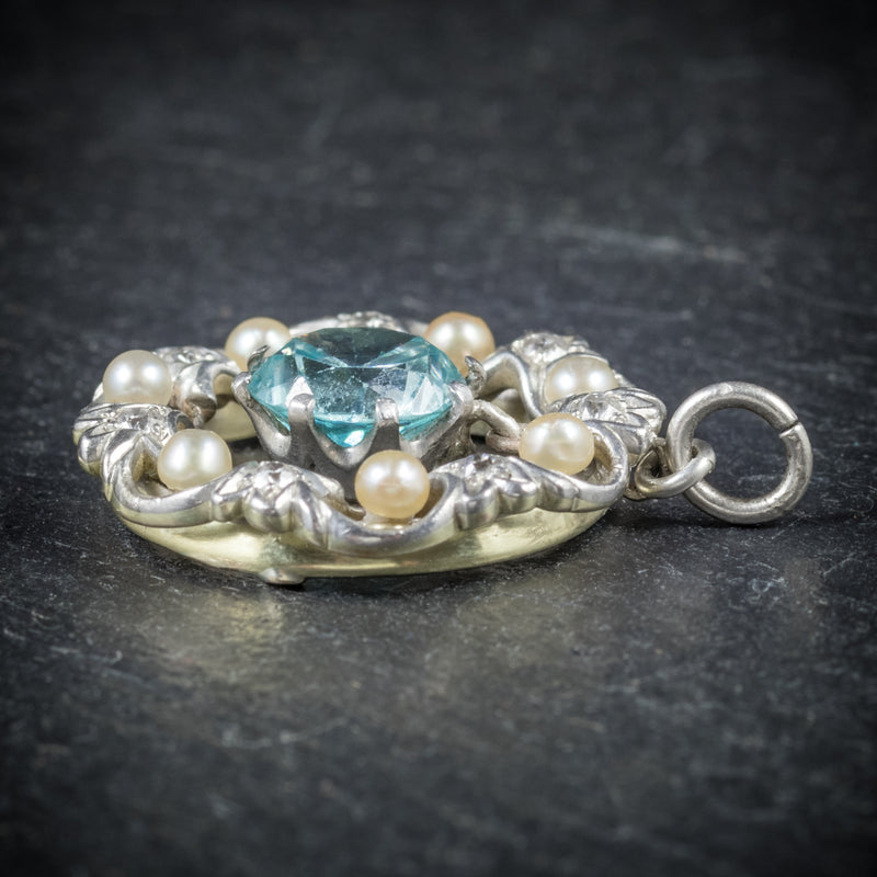 Antique Edwardian Blue Zircon Pendant Diamond Pearl Circa 1915 ...