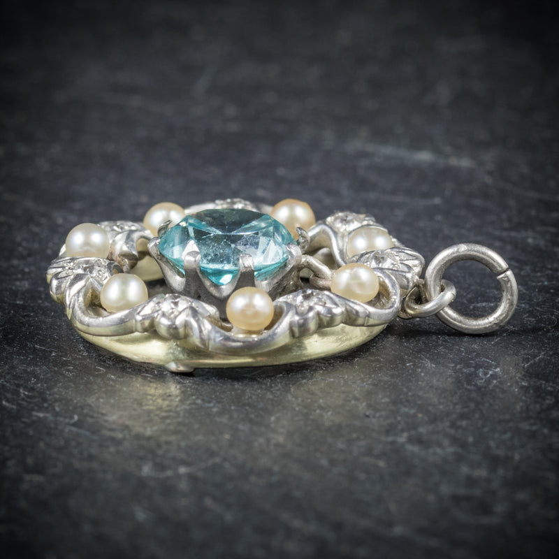 Antique Edwardian Blue Zircon Pendant Diamond Pearl Circa 1915 SIDE