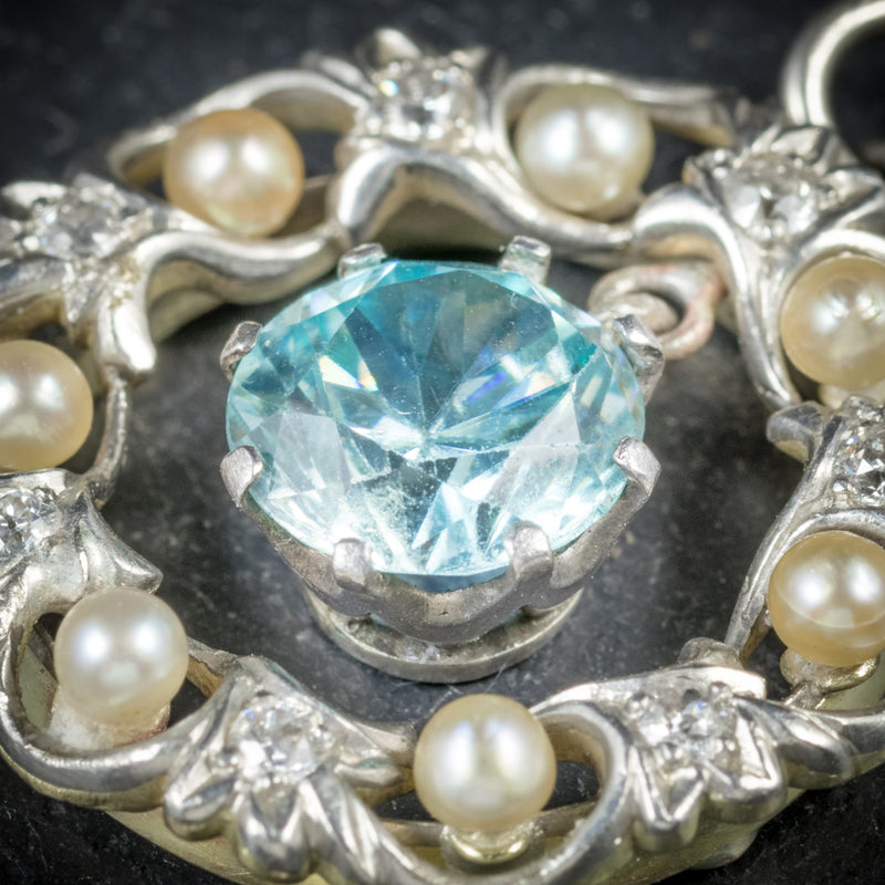 Antique Edwardian Blue Zircon Pendant Diamond Pearl Circa 1915 ZIRCON