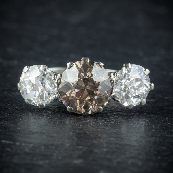 Antique Edwardian Brown Diamond Trilogy Ring Platinum Circa 1910 FRONT