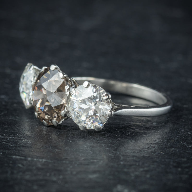 Antique Edwardian Brown Diamond Trilogy Ring Platinum Circa 1910 SIDE