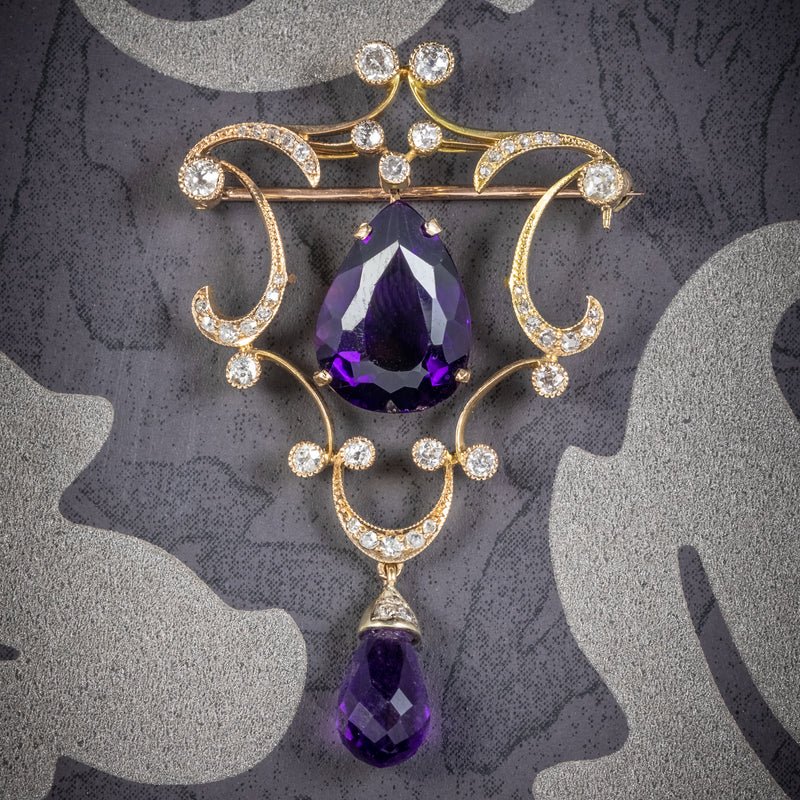 ANTIQUE EDWARDIAN DIAMOND AMETHYST BROOCH 18CT GOLD CIRCA 1910 COVER