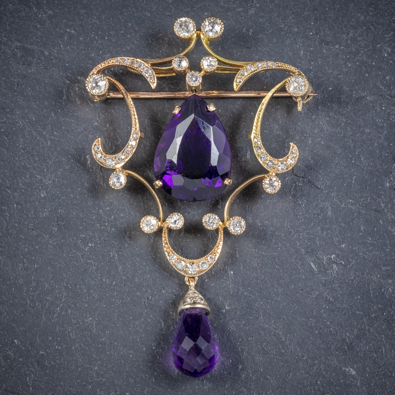 ANTIQUE EDWARDIAN DIAMOND AMETHYST BROOCH 18CT GOLD CIRCA 1910 FRONT