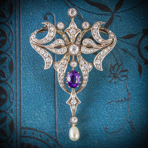 ANTIQUE EDWARDIAN DIAMOND BROOCH AMETHYST PEARL PLATINUM 18CT GOLD CIRCA 1910 COVER