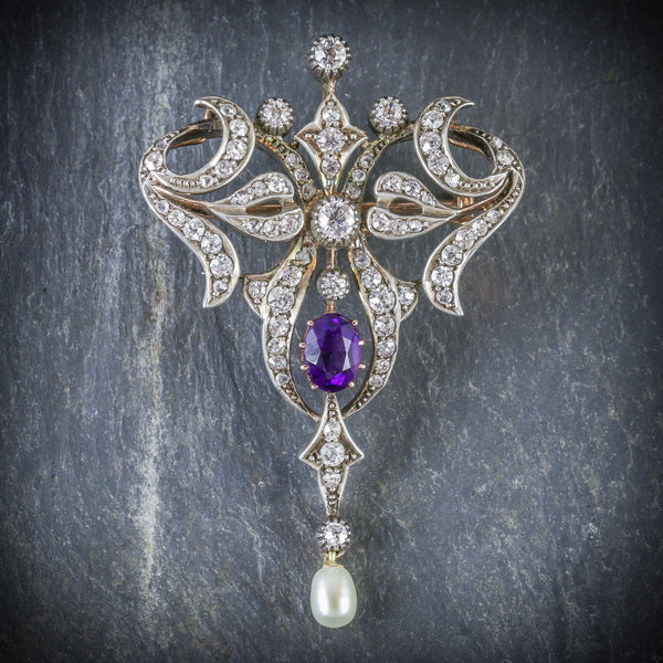 ANTIQUE EDWARDIAN DIAMOND BROOCH AMETHYST PEARL PLATINUM 18CT GOLD CIRCA 1910 FRONT