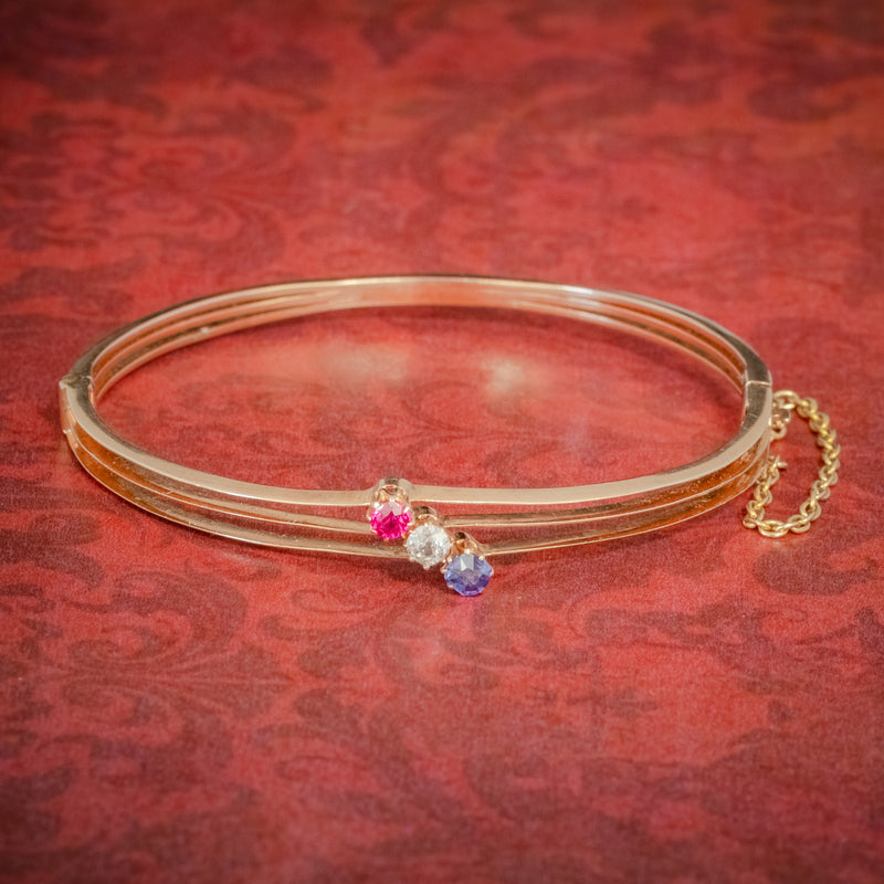 ANTIQUE EDWARDIAN DIAMOND SAPPHIRE RUBY BANGLE 15CT ROSE GOLD CIRCA 1910 COVER