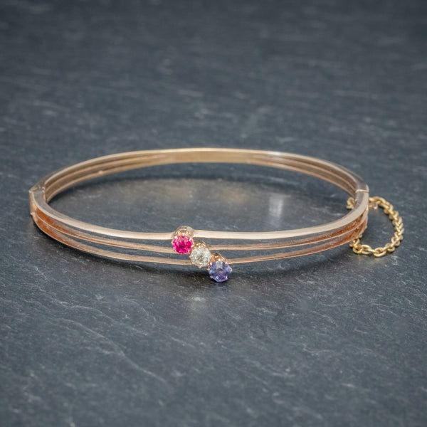 ANTIQUE EDWARDIAN DIAMOND SAPPHIRE RUBY BANGLE 15CT ROSE GOLD CIRCA 1910 front