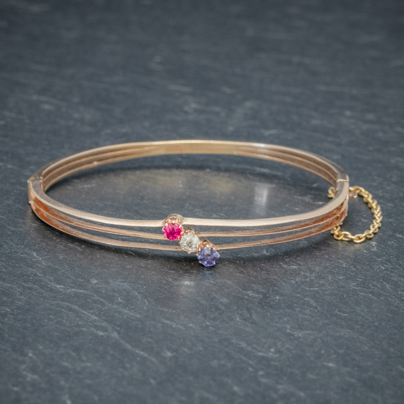 ANTIQUE EDWARDIAN DIAMOND SAPPHIRE RUBY BANGLE 15CT ROSE GOLD CIRCA 1910 front