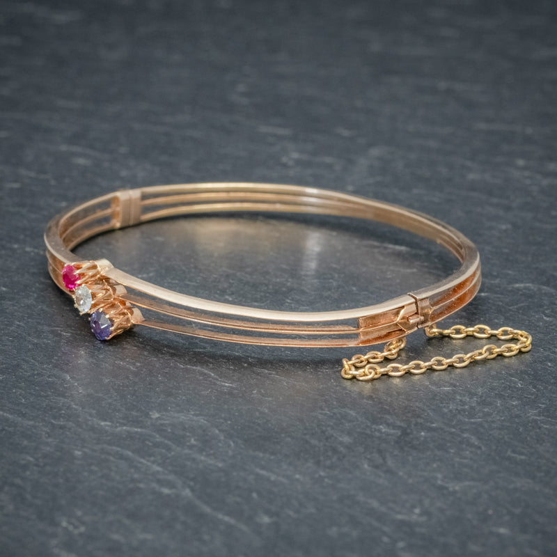 ANTIQUE EDWARDIAN DIAMOND SAPPHIRE RUBY BANGLE 15CT ROSE GOLD CIRCA 1910 side