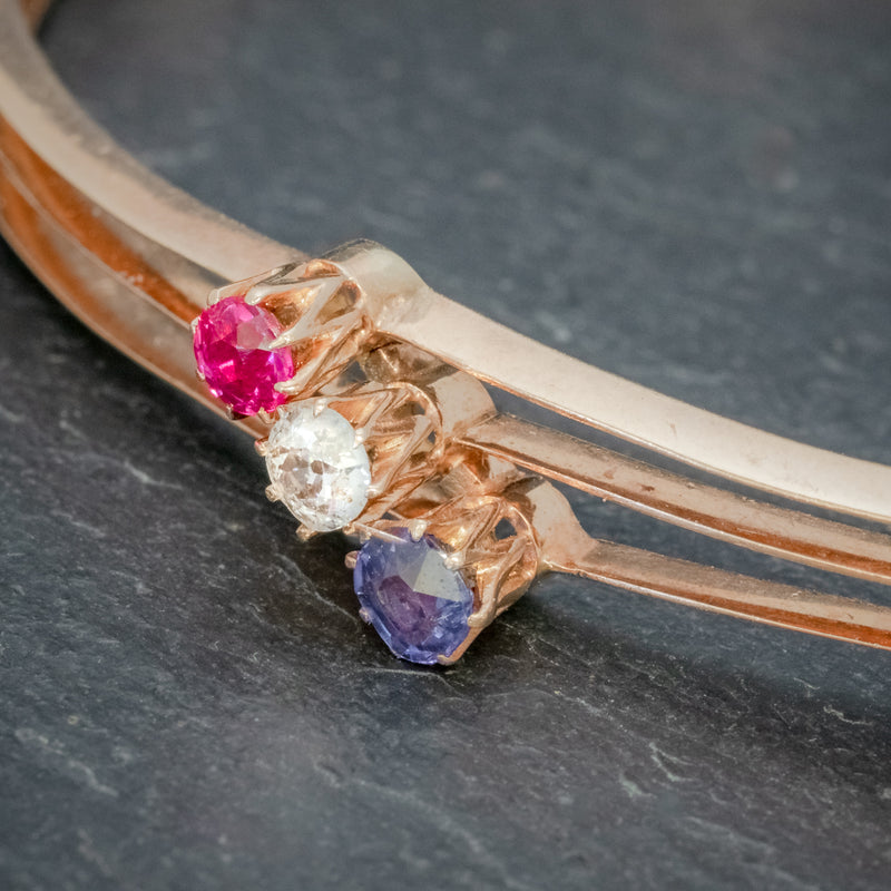 ANTIQUE EDWARDIAN DIAMOND SAPPHIRE RUBY BANGLE 15CT ROSE GOLD CIRCA 1910 stones
