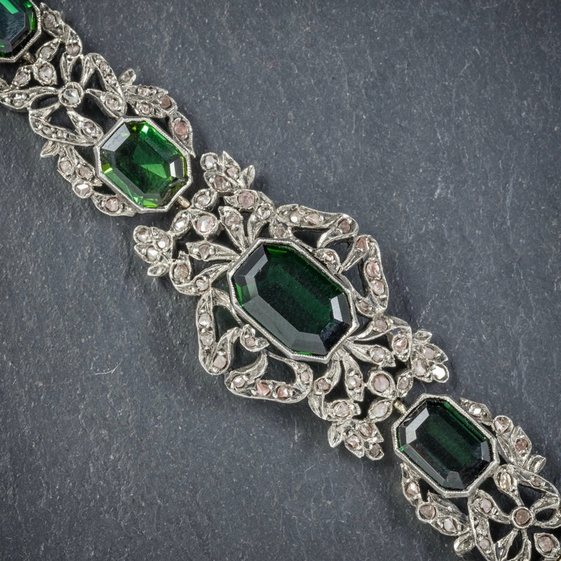 Antique Edwardian Green Tourmaline Diamond Bracelet Silver Circa 1910 CLOSEUP