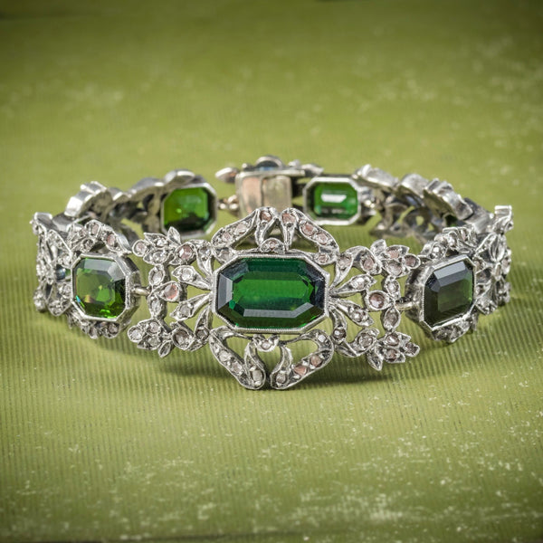 Antique Edwardian Green Tourmaline Diamond Bracelet Silver Circa 1910 COVER