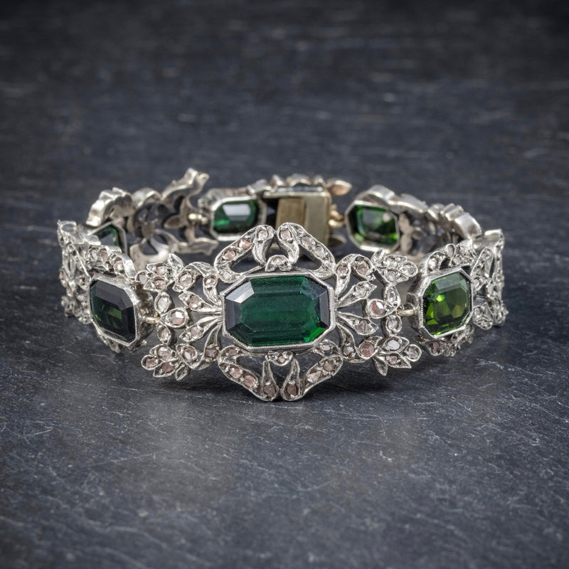 Antique Edwardian Green Tourmaline Diamond Bracelet Silver Circa 1910 FRONT