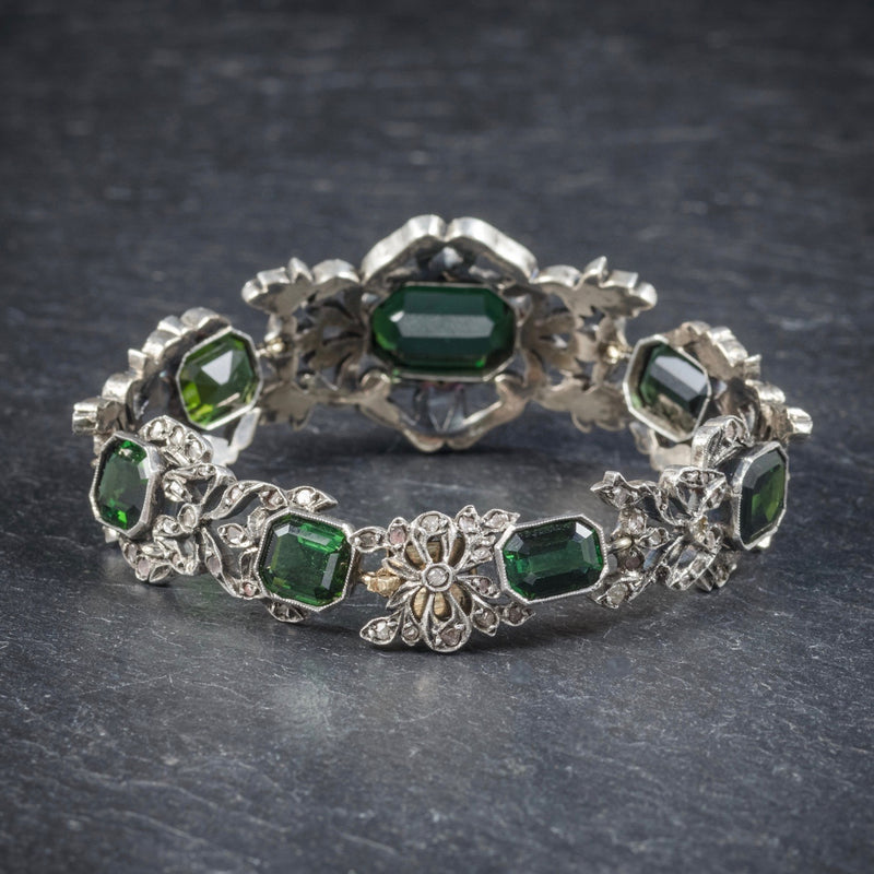 Antique Edwardian Green Tourmaline Diamond Bracelet Silver Circa 1910 BACK