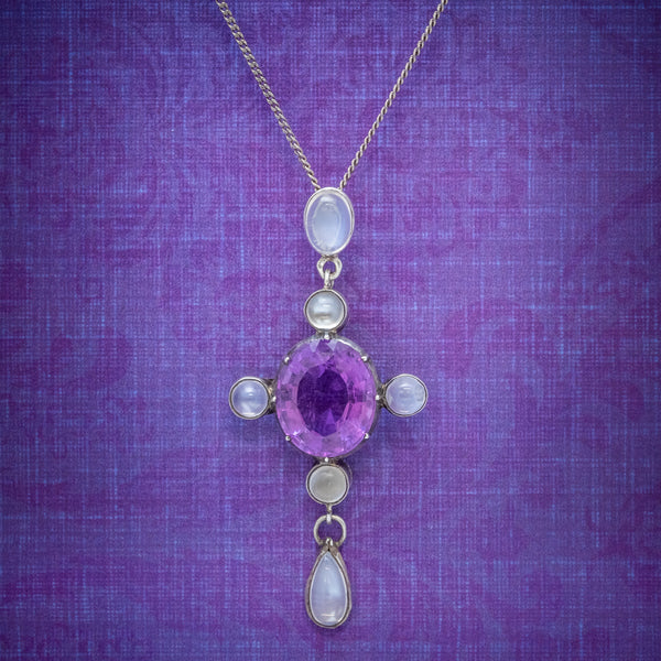 Antique Edwardian Moonstone Amethyst Pendant Necklace Silver Circa 1910 COVER