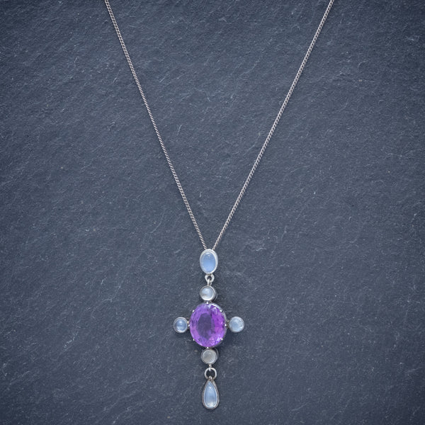Antique Edwardian Moonstone Amethyst Pendant Necklace Silver Circa 1910 NECK