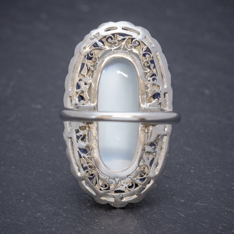 Antique Edwardian Moonstone Sapphire Ring 18ct White Gold Circa 1915 back