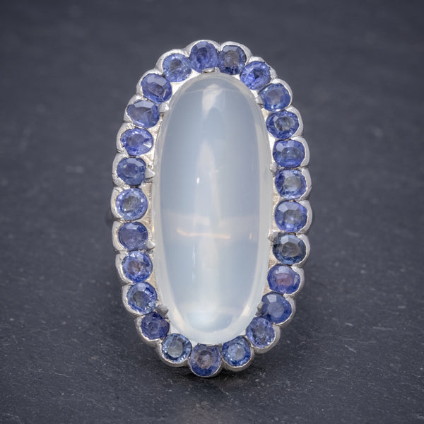 Antique Edwardian Moonstone Sapphire Ring 18ct White Gold Circa 1915 front