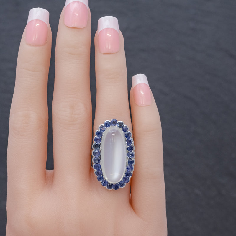 Antique Edwardian Moonstone Sapphire Ring 18ct White Gold Silver