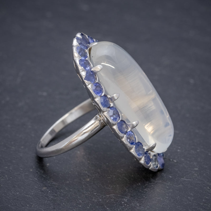 Antique Edwardian Moonstone Sapphire Ring 18ct White Gold Circa 1915 side2