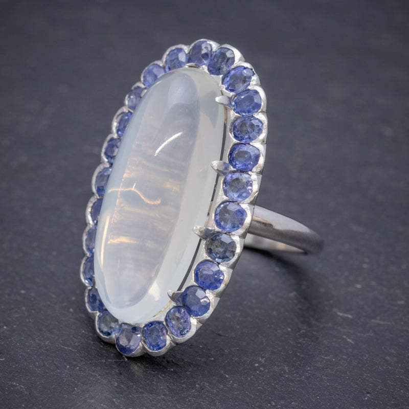 Antique Edwardian Moonstone Sapphire Ring 18ct White Gold Circa 1915 side