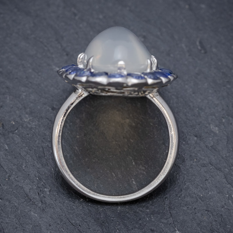 Antique Edwardian Moonstone Sapphire Ring 18ct White Gold Circa 1915 top