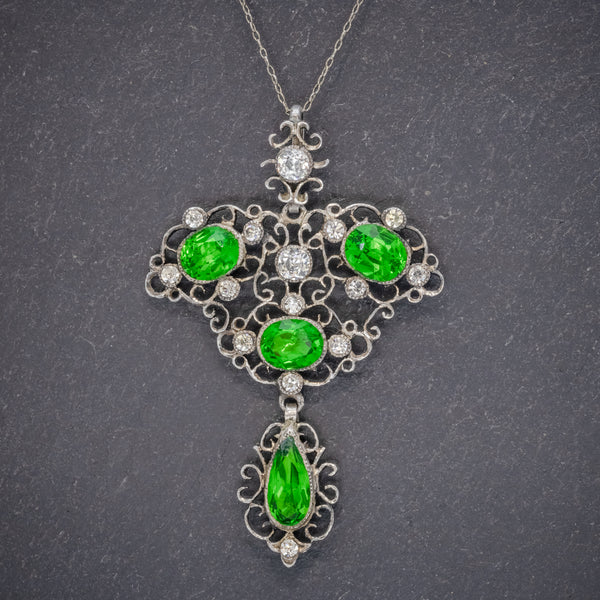 Antique Edwardian Pendant Necklace Green Paste Stone Silver Circa 1880 FRONT