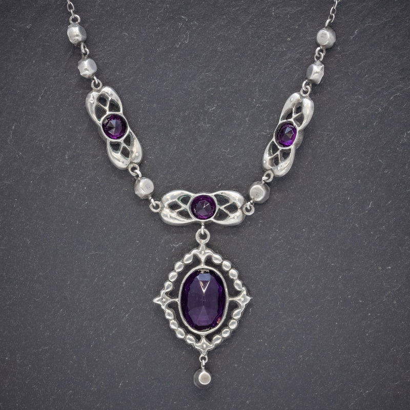 Antique Edwardian Purple Paste Stone Lavaliere Necklace Silver Circa 1910 back
