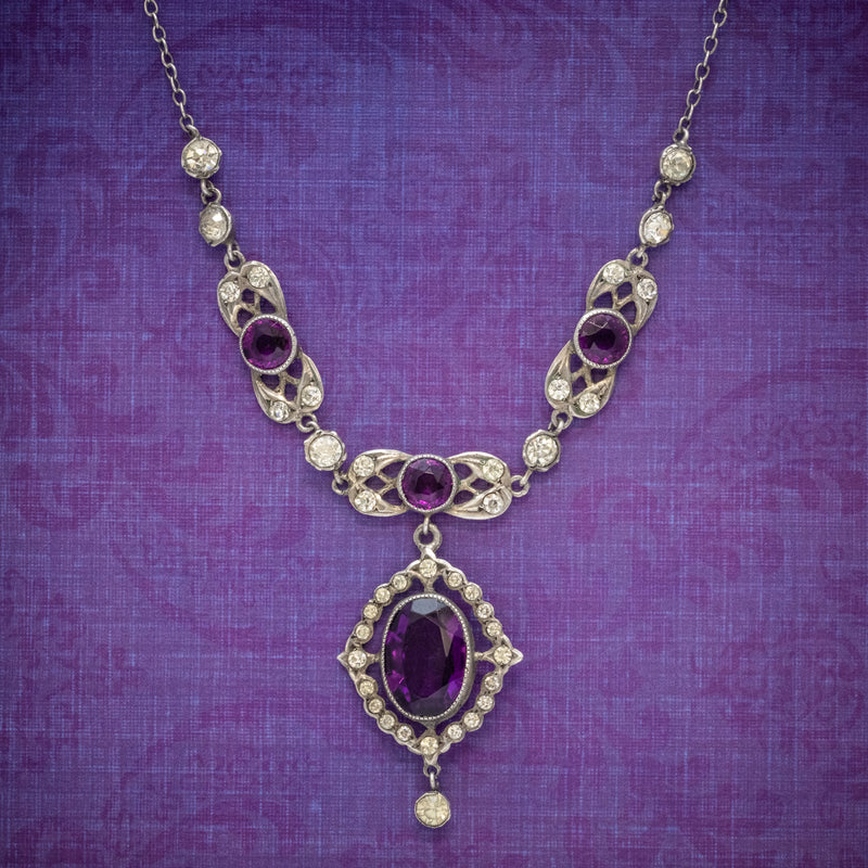 Antique Edwardian Purple Paste Stone Lavaliere Necklace Silver Circa 1910 cover