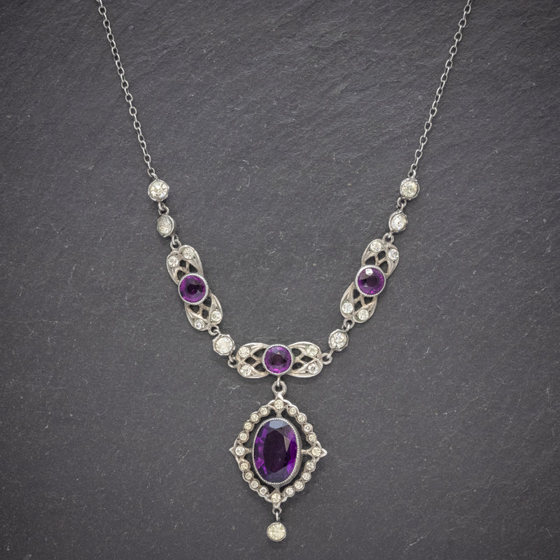 Antique Edwardian Purple Paste Stone Lavaliere Necklace Silver Circa 1910 front