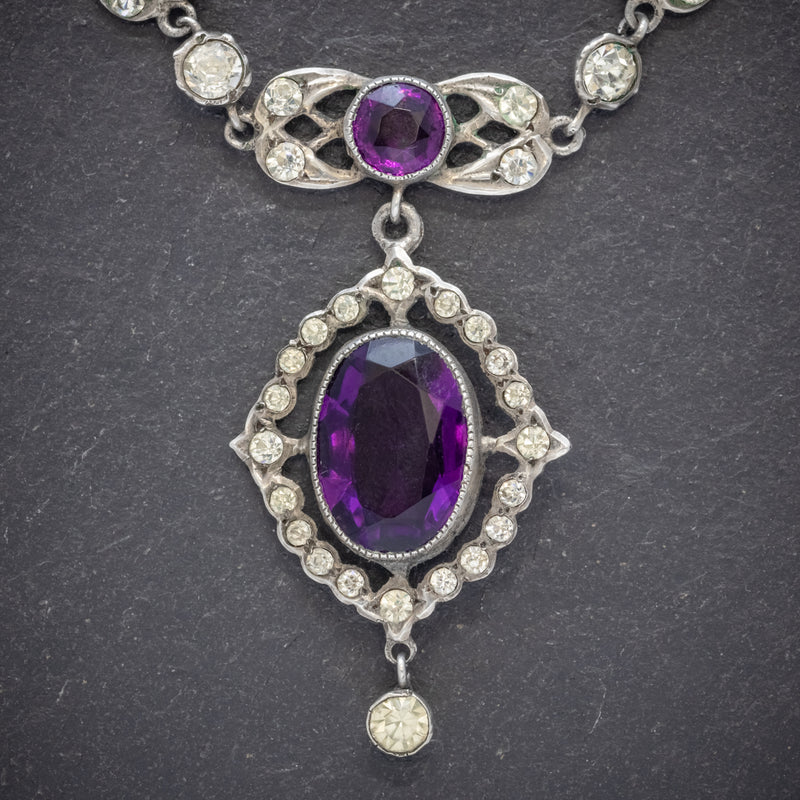 Antique Edwardian Purple Paste Stone Lavaliere Necklace Silver Circa 1910 pendant