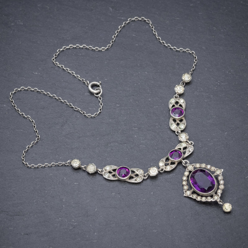 Antique Edwardian Purple Paste Stone Lavaliere Necklace Silver Circa 1910 top