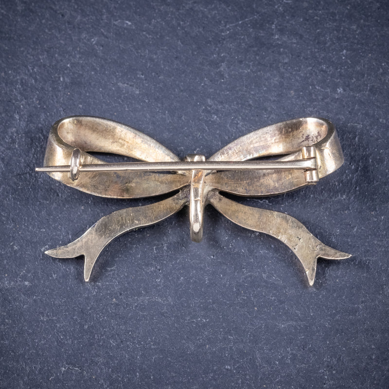 Antique Edwardian Rose Cut Diamond Bow Brooch 18ct Gold Circa 1910 Boxed back