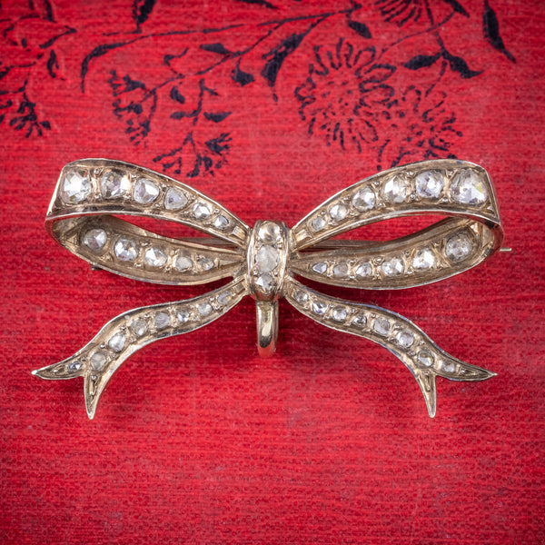 Antique Edwardian Rose Cut Diamond Bow Brooch 18ct Gold Circa 1910 Boxed cover