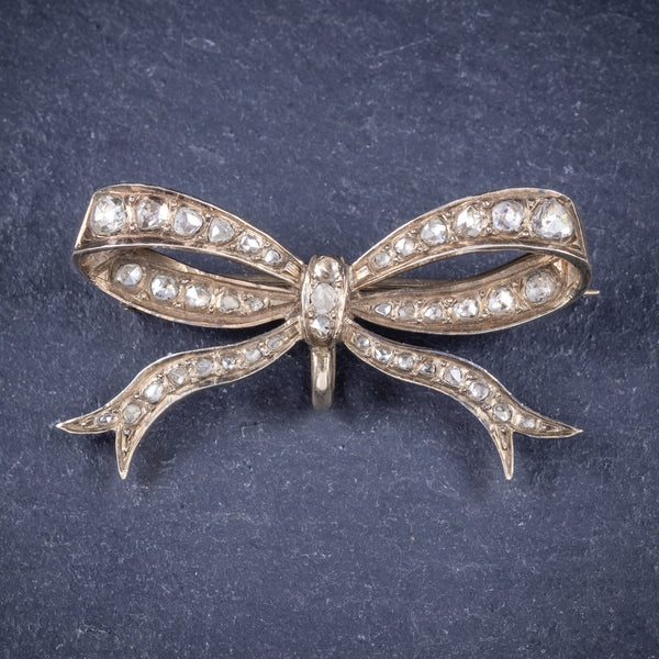 Antique Edwardian Rose Cut Diamond Bow Brooch 18ct Gold Circa 1910 Boxed front