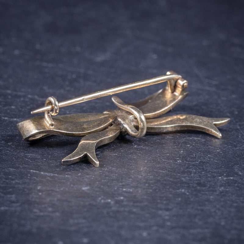 Antique Edwardian Rose Cut Diamond Bow Brooch 18ct Gold Circa 1910 Boxed pin
