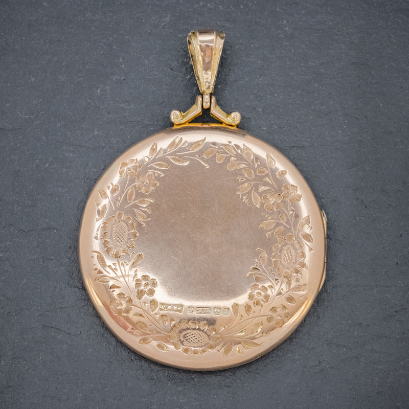 ANTIQUE EDWARDIAN ROUND FORGET ME NOT LOCKET 9CT GOLD DATED 1910 BACK