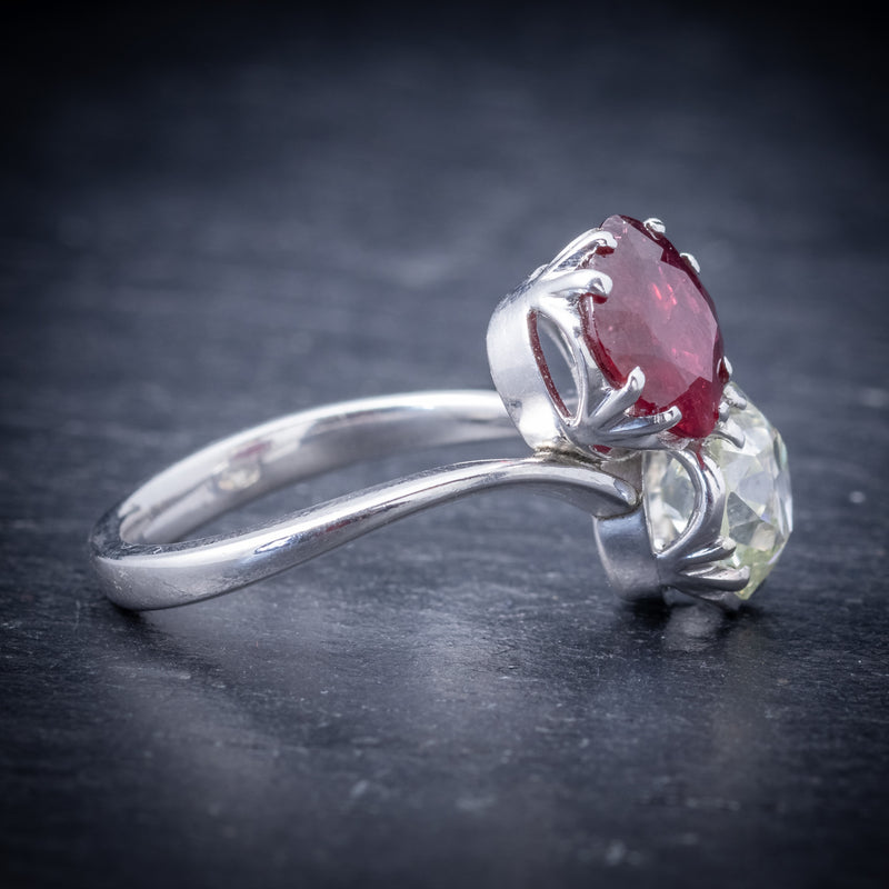 Edwardian Vertical Three-Diamond and Ruby Ring