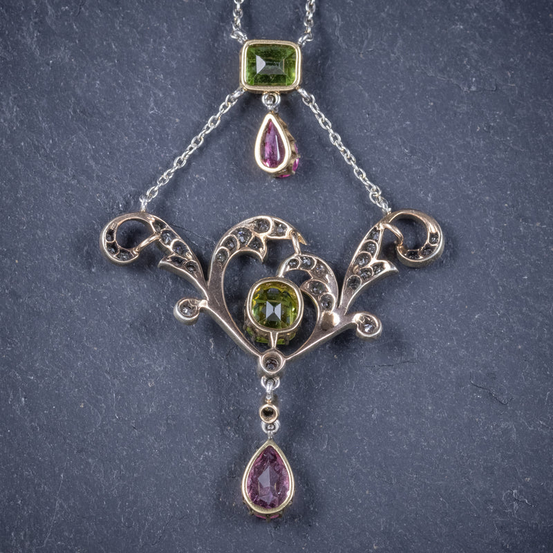 Antique Edwardian Suffragette Pendant Necklace Diamond Peridot Spinel Platinum Circa 1915 back