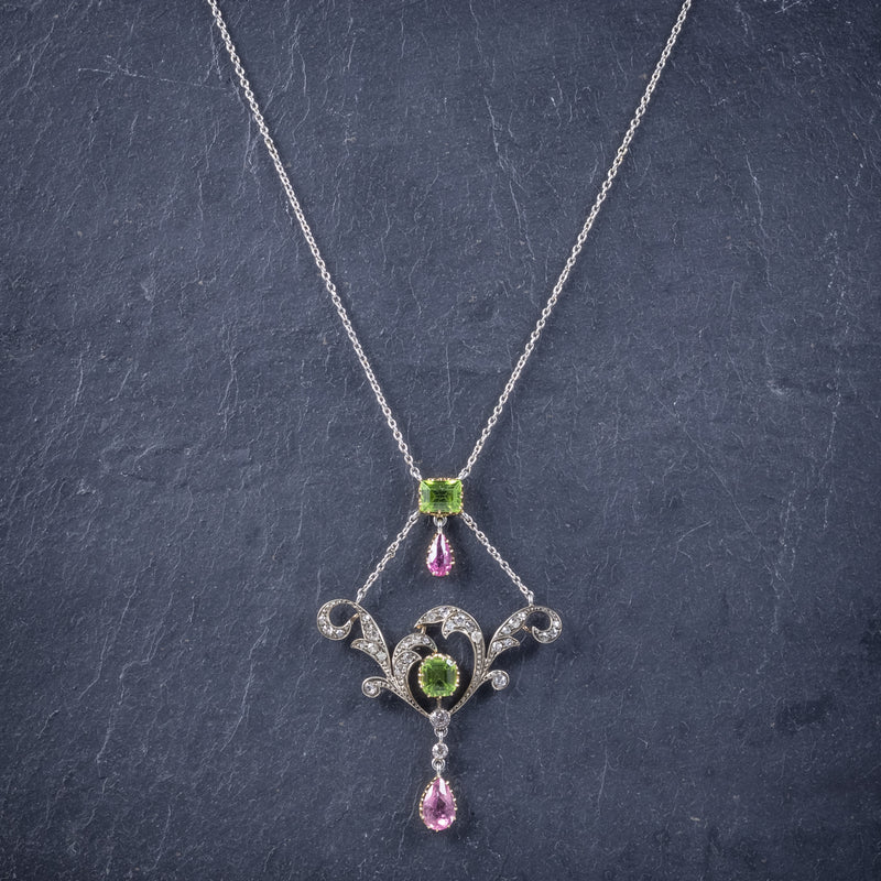 Antique Edwardian Suffragette Pendant Necklace Diamond Peridot Spinel Platinum Circa 1915 neck