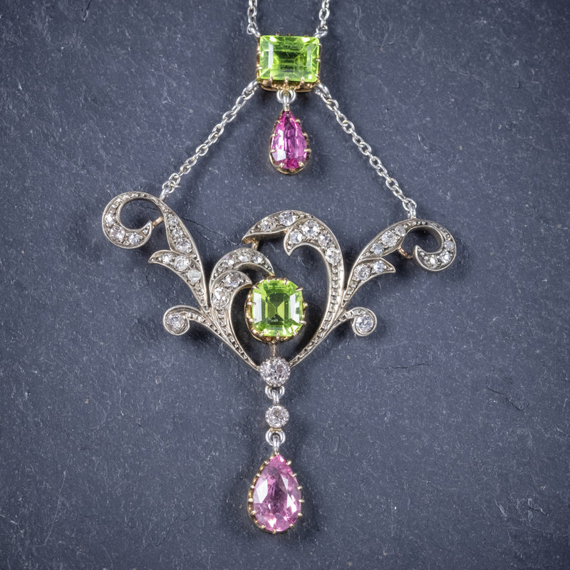 Antique Edwardian Suffragette Pendant Necklace Diamond Peridot Spinel Platinum Circa 1915 pendant