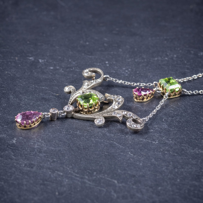 Antique Edwardian Suffragette Pendant Necklace Diamond Peridot Spinel Platinum Circa 1915 side