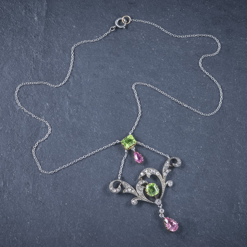 Antique Edwardian Suffragette Pendant Necklace Diamond Peridot Spinel Platinum Circa 1915 top