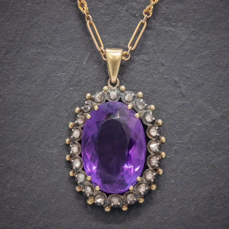 ANTIQUE FRENCH 20CT AMETHYST DIAMOND PENDANT NECKLACE 18CT GOLD SILVER CIRCA 1900 FRONT