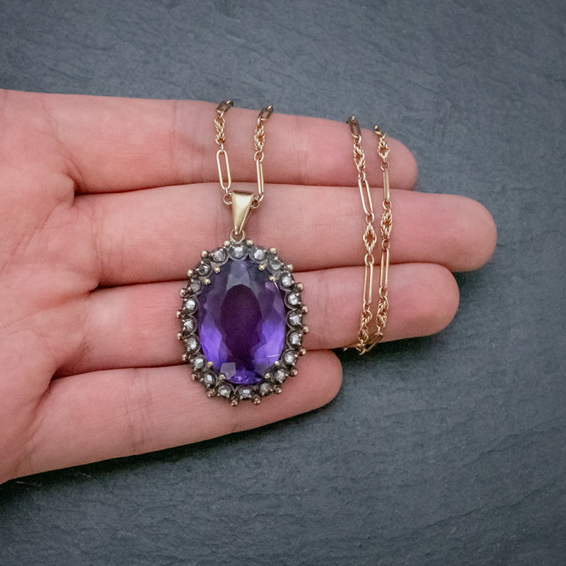 ANTIQUE FRENCH 20CT AMETHYST DIAMOND PENDANT NECKLACE 18CT GOLD SILVER CIRCA 1900 HAND
